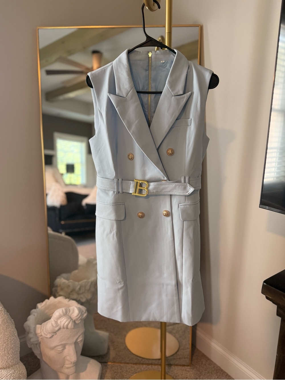 Sleeveless Double-Breasted Light Blue Blazer Dress with Belt